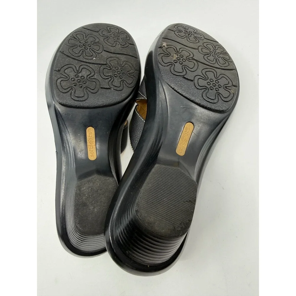 Softspots Womens Black Leather Strappy‎ Wedge Slide Sandals Toe Loop Size 6M